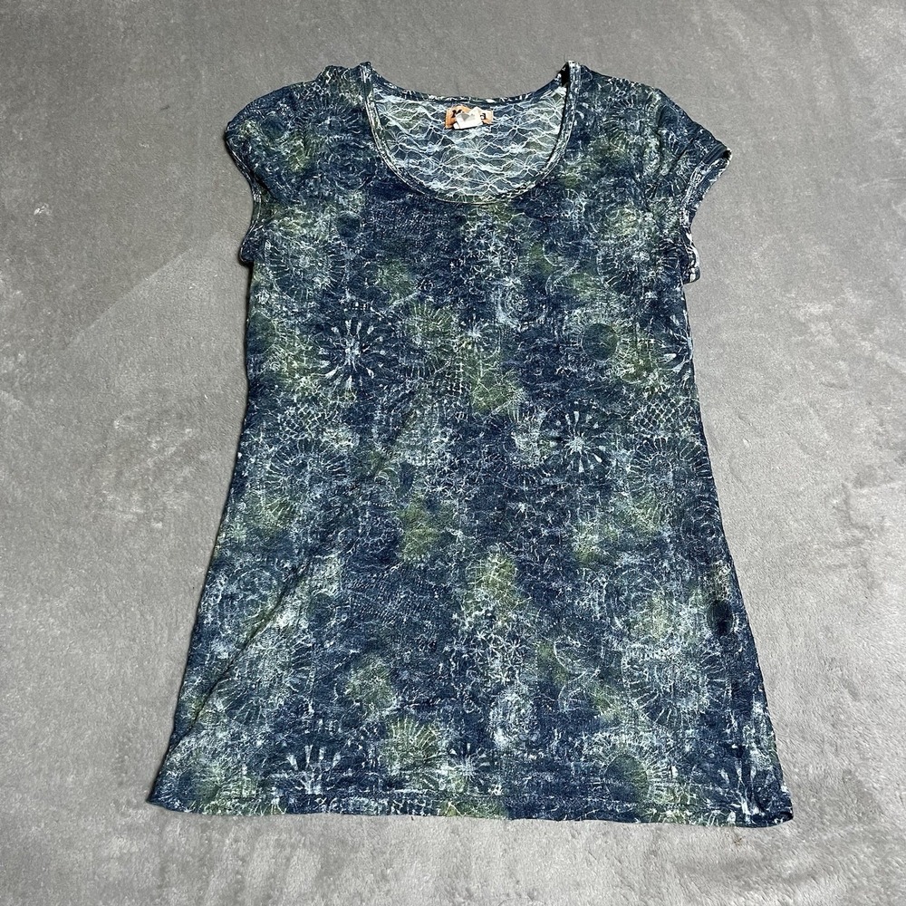 Vintage Y2K Mudd Sheer Lace Top‎ Womens XL Blue Green Mesh Stretch Whimsy